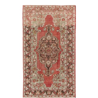 Antique Turkish Oushak Rug With Medallion in Soft Red, Light Green & Brown For Sale