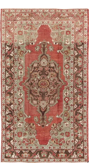 Antique Turkish Oushak Rug With Medallion in Soft Red, Light Green & Brown