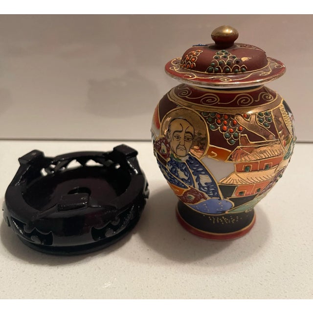 Copper Miniature Hand-Painted Moriage Satsuma Jar, Made in Japan, Stamped For Sale - Image 8 of 12