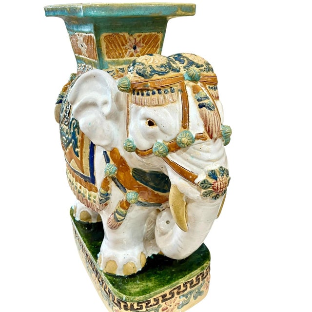 Vintage Hollywood Regency Style Glazed Terracotta Elephant Garden Seat For Sale - Image 13 of 18