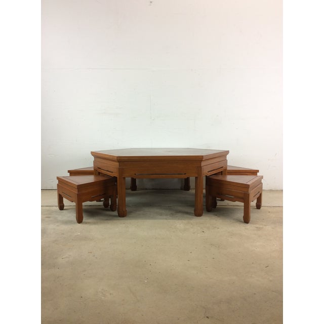 Mid Century Modern Solid Teak Tea Table With Four Stools For Sale - Image 12 of 12