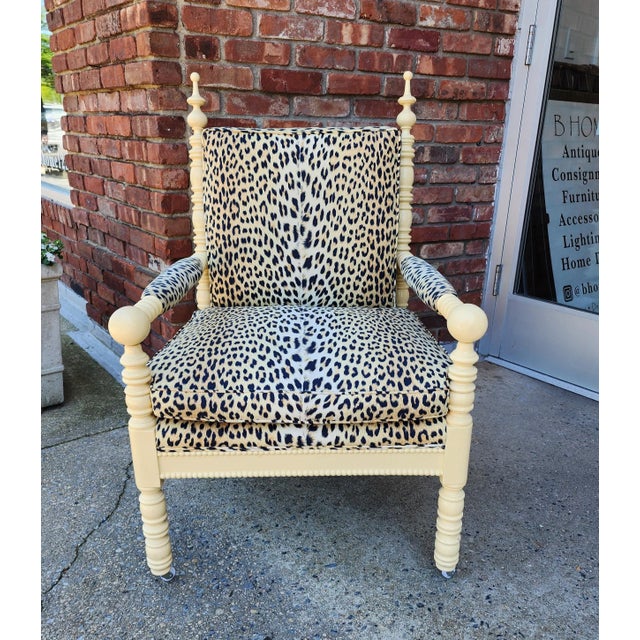 Pierre Frey Panthere De Somalie upholstered custom-made vintage spindle armchair lacquered in a creamy soft butter yellow....
