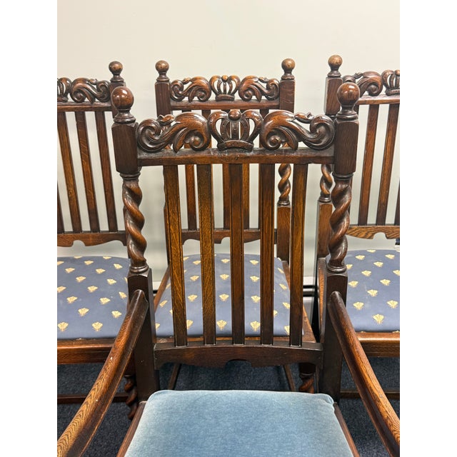 Beautiful set of sturdy Jacobean style barely twist dining chairs with slip seats for easy reupholstering. They each have...