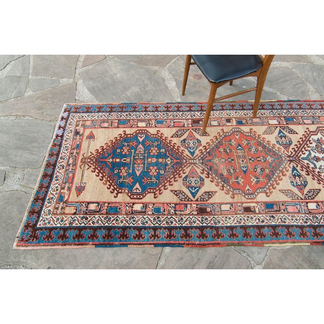 Rustic House of Séance - 1910s Antique Kurdish Earth-Toned Distressed Wool Hand-Knotted Runner - 3′7″ × 12′7″ For Sale - Image 3 of 12