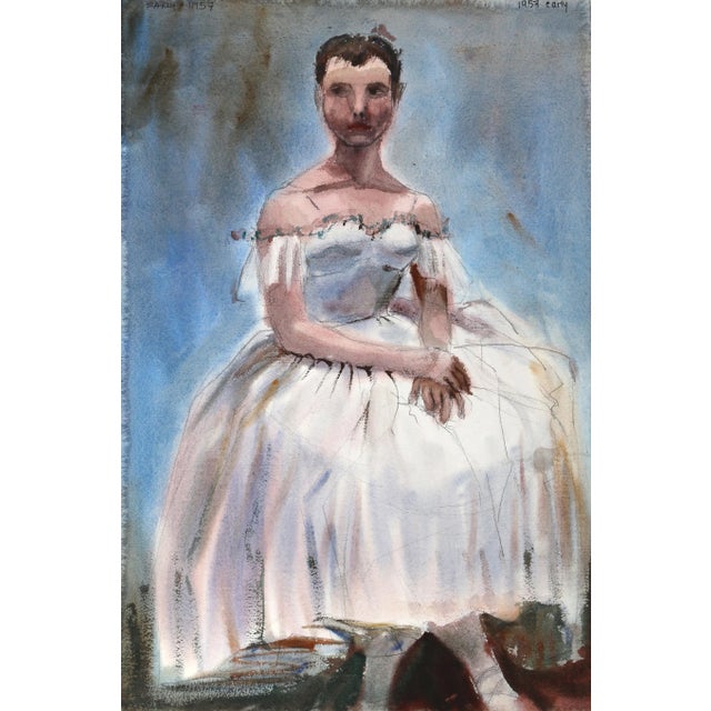 Seated with her hands resting on her lap, the ballerina in this Eve Nethercott watercolor appears elegant and poised....