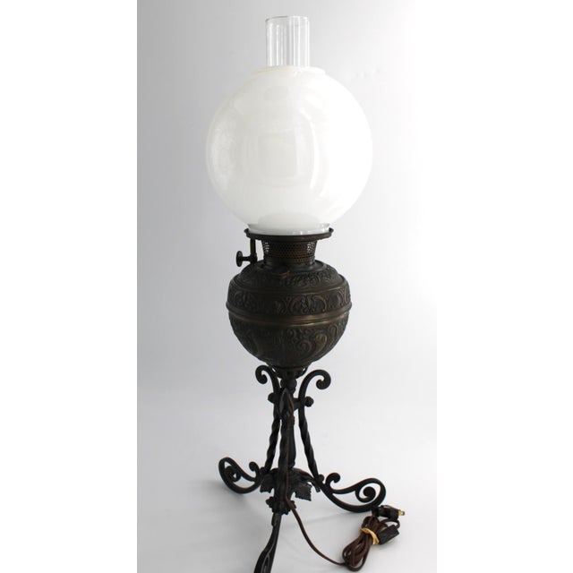 Black Antique Victorian Bradley & Hubbard (B&h) Brass Banquet Lamp W/ Milk Glass Globe For Sale - Image 8 of 10