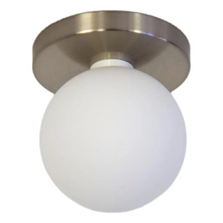 Globe Flush Mount Brushed Nickel, 5 Inch Glass Globe, by Research.Lighting, Modern, Minimal For Sale