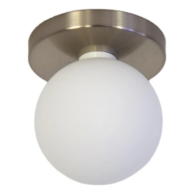 Globe Flush Mount Brushed Nickel, 5 Inch Glass Globe, by Research.Lighting, Modern, Minimal For Sale