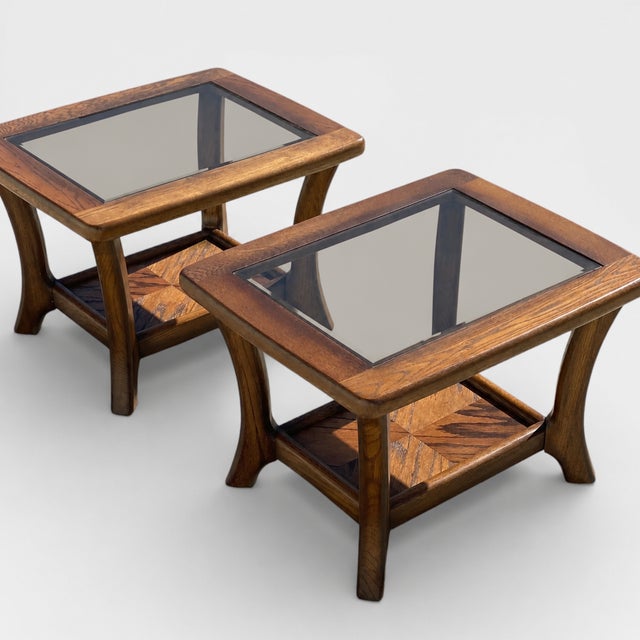 Pair of Late Mid-Century Oak Side Tables With Smoked Glass Tops, Mid-Century Modern, 1970s For Sale - Image 4 of 18