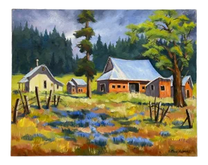 Clifford Holmes Country Homestead With Tall Pines and Wildflowers C.1950