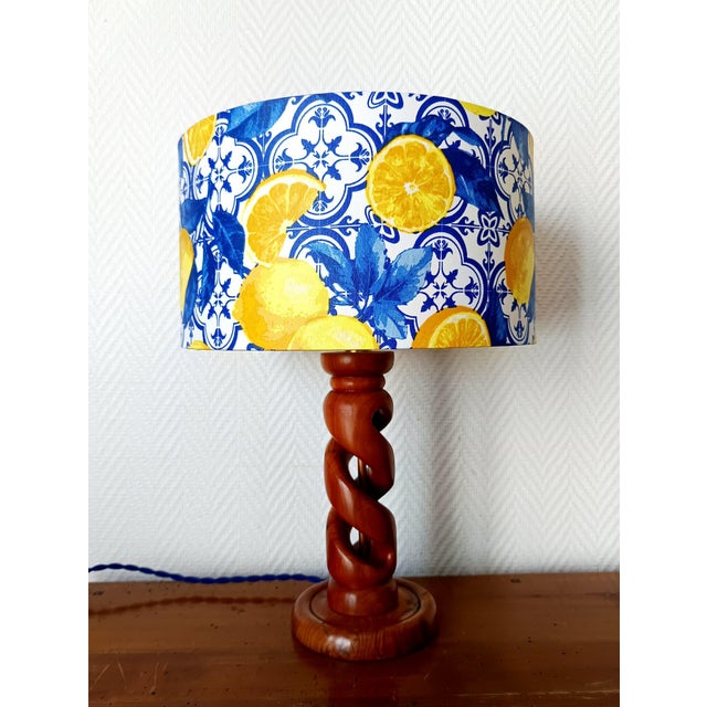 Turned Wood Lamp with Azulejo Lemon-Patterned Lampshade, 1960s For Sale - Image 9 of 9