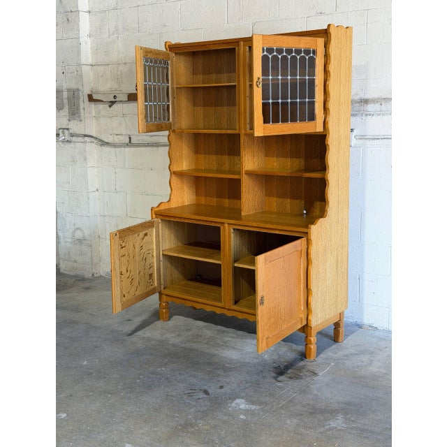 In Style of Henning Kjærnulf Oak Hutch With Glass Doors and Open Shelves Denmark Mid-Century Modern 1960s For Sale In Los Angeles - Image 6 of 10