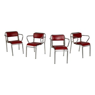 Italian Art Deco Metal and Red Faux Leather Chairs, 1930s, Set of 4 For Sale