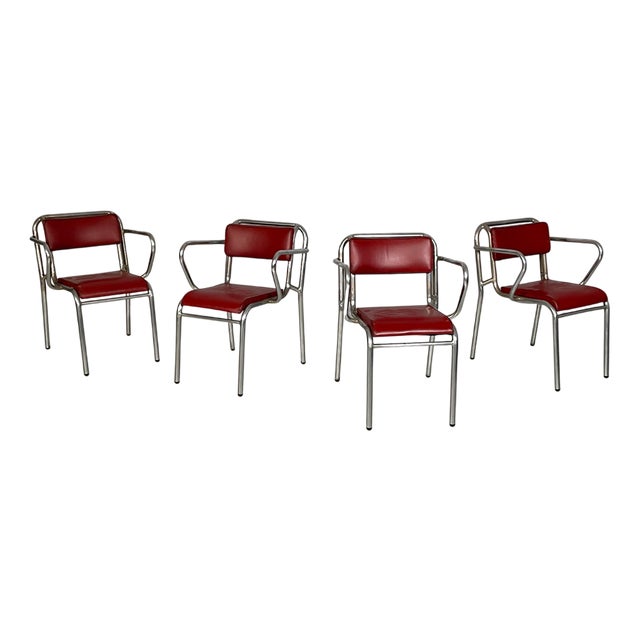 Italian Art Deco Metal and Red Faux Leather Chairs, 1930s, Set of 4 For Sale