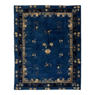 9 X 12 Navy Blue Antique Art Deco Chinese Wool Rug With Classic Design For Sale
