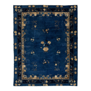 9 X 12 Navy Blue Antique Art Deco Chinese Wool Rug With Classic Design