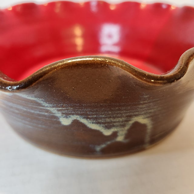 Vintage Handmade Ruffled Ceramic Bowl Red & Brown Drip Glaze Studio Pottery For Sale - Image 4 of 9