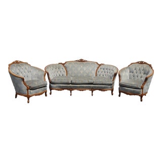Vintage French Provincial Ornate Louis XVI Rococo Blue Velvet Settee & Two Chairs For Sale