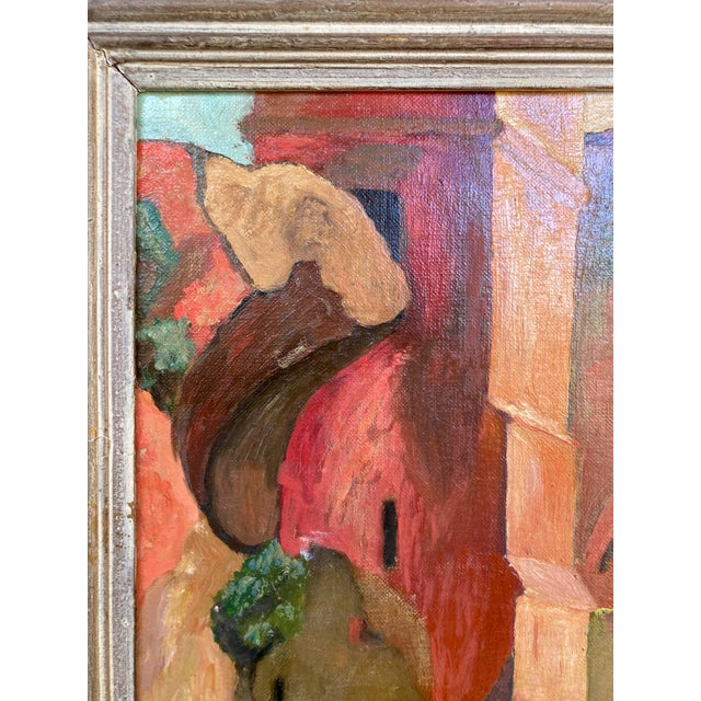 Salmon Vintage Oil Painting of European Architecture, Framed For Sale - Image 8 of 11
