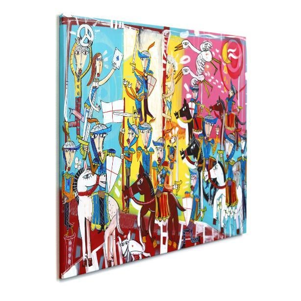 Abstract l'Esercito - Original Colorful Cubist Figurative Mixed Media Acrylic Painting on Canvas For Sale - Image 3 of 9