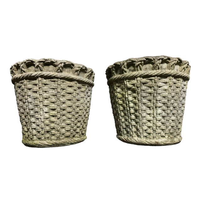French Mid Century Cast Stone Woven Basket Planters - Set of 2 For Sale - Image 4 of 7