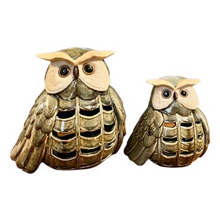 Vintage Japanese Mottled Glazed Stoneware Owl Candle Lanterns, 1970s, Set of 2 For Sale