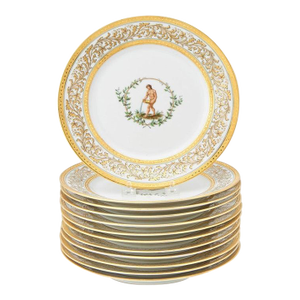 Early 20th Century Ginori Greco-Roman Neoclassical Gilt Dinner Cabinet Plates- Set of 12