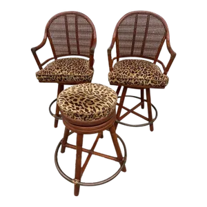 1980s McGuire Rattan and Caned Bar Stools, a Pair & a Perch Stool