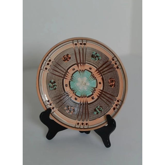 1970s Vintage Hand-Painted Geometric Folk Art Pottery Plate For Sale - Image 5 of 5