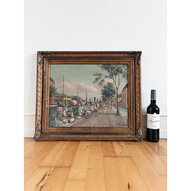 Vintage Original Scandinavian Harbor Oil Painting For Sale - Image 13 of 16