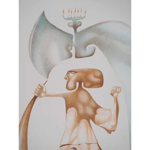 Jules Perahim, The Hebrew Alphabet, Man with Menorah, Original Lithograph For Sale - Image 4 of 5
