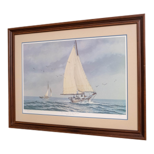 "Oyster Dredging Aboard the Shipjack Lady Katie" Sailboats Painting Print Signed John M Barber Numbered