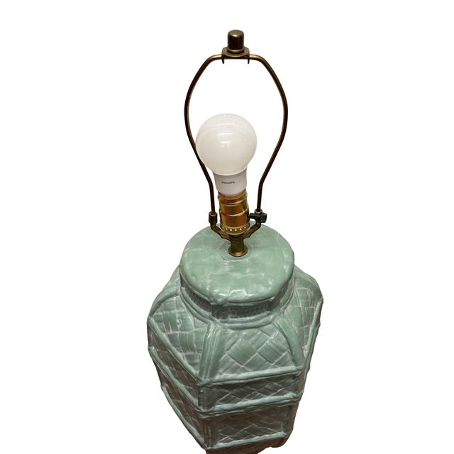 Boho Chic Vintage Basket Weave Plaster Lamps - A Pair For Sale - Image 3 of 7