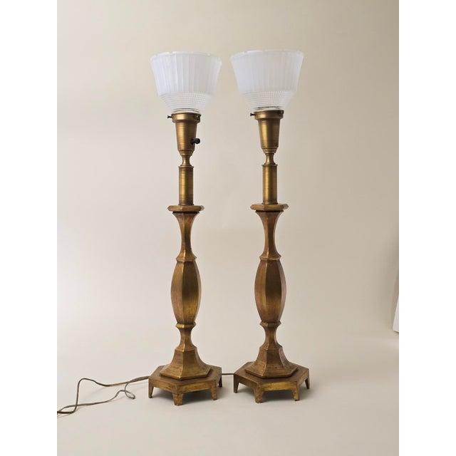 Rembrandt Lamp Company Pair of Vintage Rembrandt Brass Table Torchiere Lamps With Original Glass Diffusers For Sale - Image 4 of 4