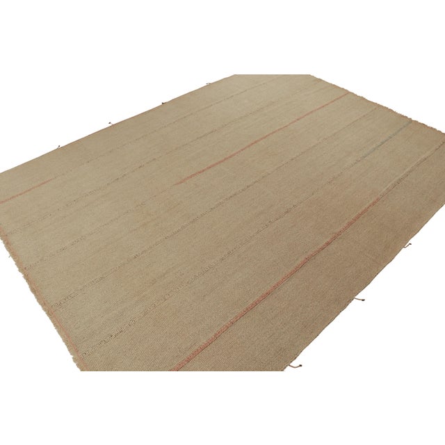 Contemporary Rug & Kilim’s Contemporary Kilim in Sandy, Solid Beige-Brown With Pink Accents For Sale - Image 3 of 7