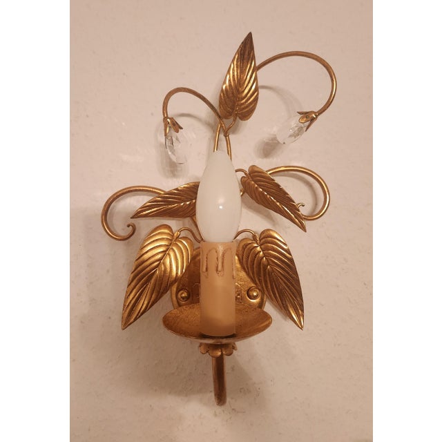 Empire Hollywood Regency Style Hand-Forged Gold Leaf-Gilded Wall Lamps with Crystal Elements and Floral and Leaf Decorations, 1960s For Sale - Image 13 of 18