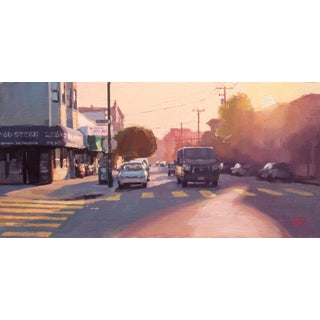 Late Afternoon Stroll by Nate Ross | Oil on Wood Panel Street scene with cars and buildings at sunset. For Sale