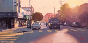 Late Afternoon Stroll by Nate Ross | Oil on Wood Panel Street scene with cars and buildings at sunset.