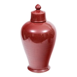 Vintage Chinese Oxblood Red Glazed Lidded Temple Jar For Sale