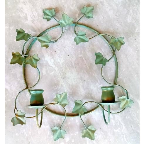 Mid-Century Modern Vintage Ivy Leaf Mint & Gold Metal & Wood Candle Sconces - A Pair For Sale - Image 3 of 4