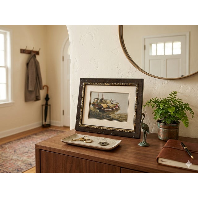 Vintage Embroidery River Vessel Boats Rectangular Framed Art For Sale - Image 4 of 8