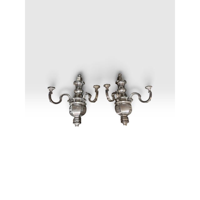 Hollywood Regency Pair of Oversized Hollywood Regency Polished Aluminum Two-Arm Urn Wall Sconces For Sale - Image 3 of 7