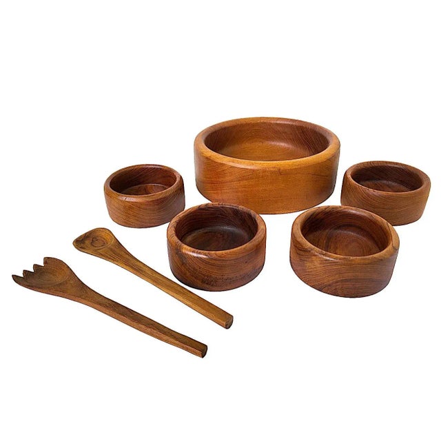 1970s Teak Wood Salad Bowls and Serving Utensils, Set of 7 For Sale - Image 10 of 10
