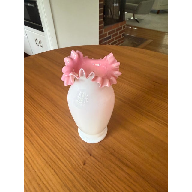 Fenton Art Glass Company Vintage Fenton Rose Crest Milk Glass Crimped Vase in Pink & White For Sale - Image 4 of 6