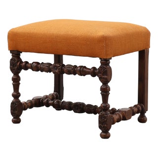 Louis XIII Walnut Stool with Carved Turned Stretchers and Upholstered Seat, France, 1600s For Sale