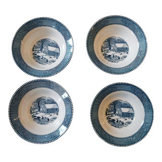 1950s Currier & Ives by Royal China Vintage Blue & White Transferware Bowls - Set of 4 For Sale