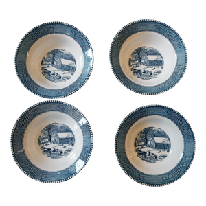 1950s Currier & Ives by Royal China Vintage Blue & White Transferware Bowls - Set of 4