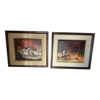 Vintage Pair of Signed Oil Paintings - Circus & Equestrian Scenes by D. Hall, 1965-66 For Sale