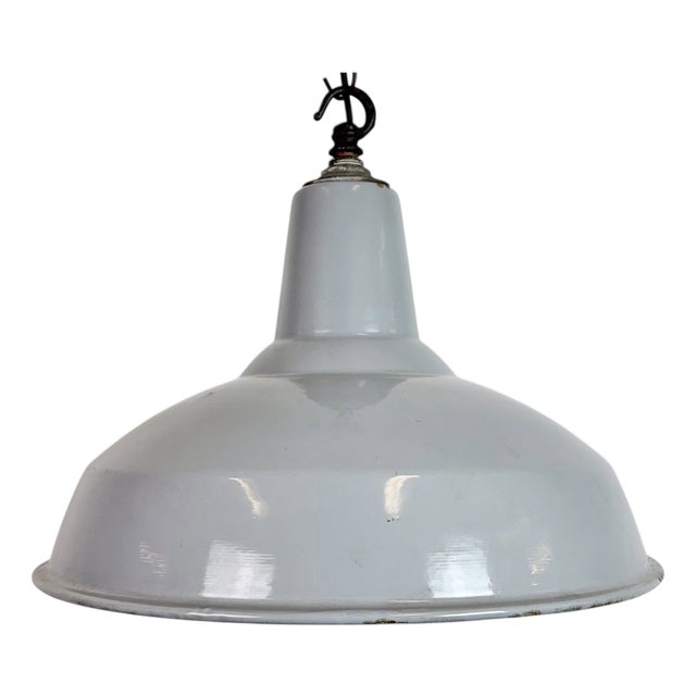 Industrial British Grey Enamel Factory Pendant Lamp from Benjamin Electric Manufacturing Company, 1960s For Sale