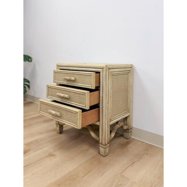 Beige Mid 20th Century Ficks Reed Style Faux Bamboo Nightstand Beige Coastal Hollywood Regency Bedside Table For Sale - Image 8 of 13